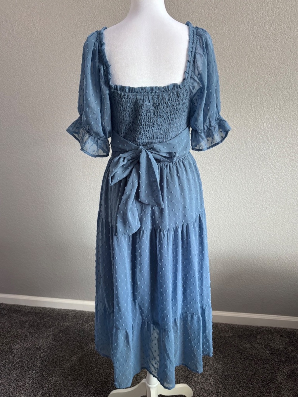 MEROKEETY BOHO Blue Swiss Dot Smocked Square Neck Midi Dress Size Medium - Picture 4 of 8